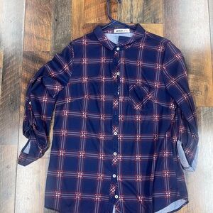 Doublju Women's Navy and Red Plaid Button Down Shirt